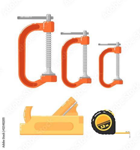 Building tools isolated on white background vector illustration. Planer, roulette and clamps in flat design. Hand tools for carpentry and home renovation. DIY collection. Construction equipment.