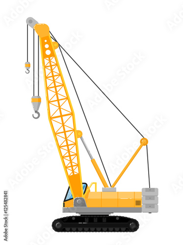 Yellow crawler crane isolated on white background vector illustration. Construction machine in flat design. Building equipment. Lifting boom crane. Commercial vehicle.