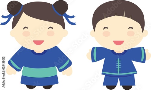 Cute little china couple: boy and girl in blue costume