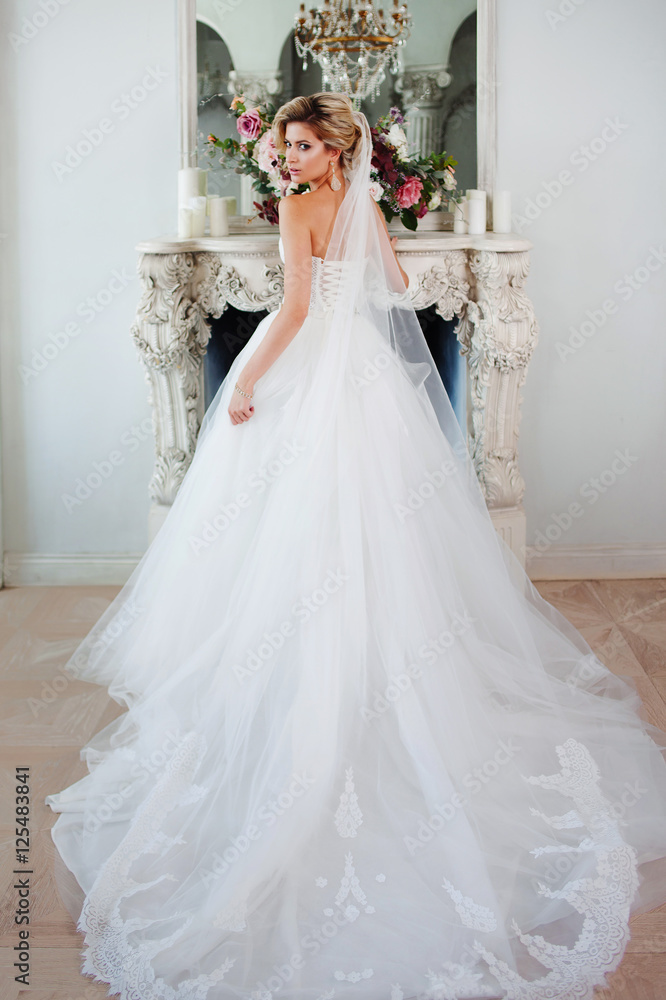 Charming young bride in luxurious wedding dress. Pretty girl, photo Studio