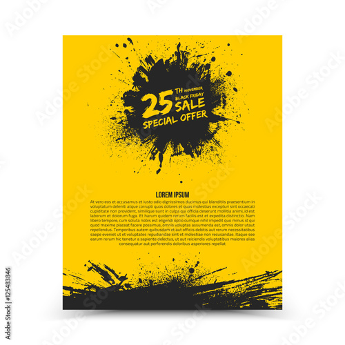 Vector isolated yellow flyer design template Black Friday Sale. Abstract hand made grunge illustration on white background for advertise, promote, business. Handicraft art ink scatter blot and smear
