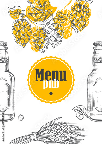 White cover menu with branches of hops, beer bottles for bar or pub.