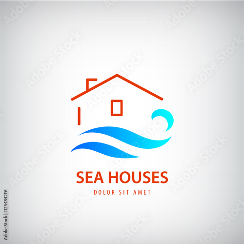 Vector house logo with blue wave. Rent  near sea. holidays, beach sign.