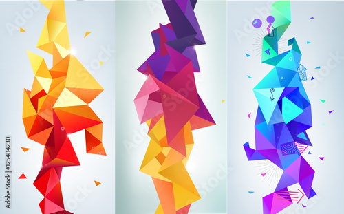 Vector set of faceted 3d crystal colorful shapes, banners.