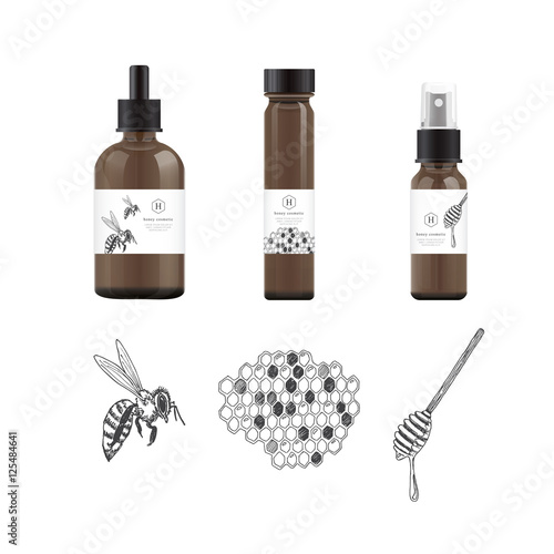 Set bottle mockups for packaging design with illustrations of honeycomb, bee and honey dipper.