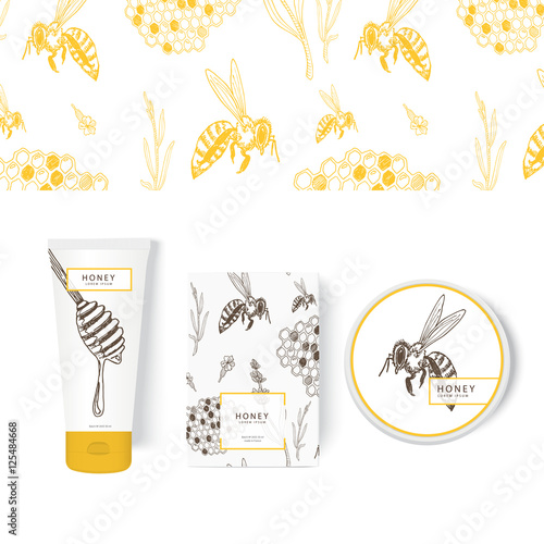 Vector packing concept with honeycomb, bee and honey dipper.