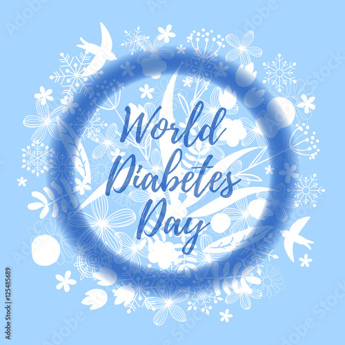 World Diabetes Day. Blue circle and floral background with flowers and birds