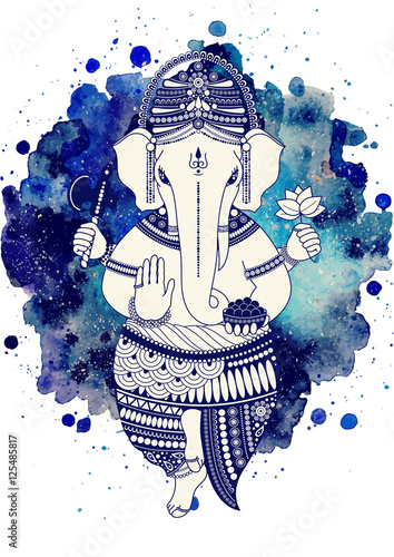 Ganesha, or Ganapati, Indian deity in the Hindu. On watercolor paint background. Vector illustration for design of prints, web, festive, Chaturthi invitations.