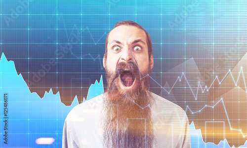 Shouting man near wall with graphs, toned