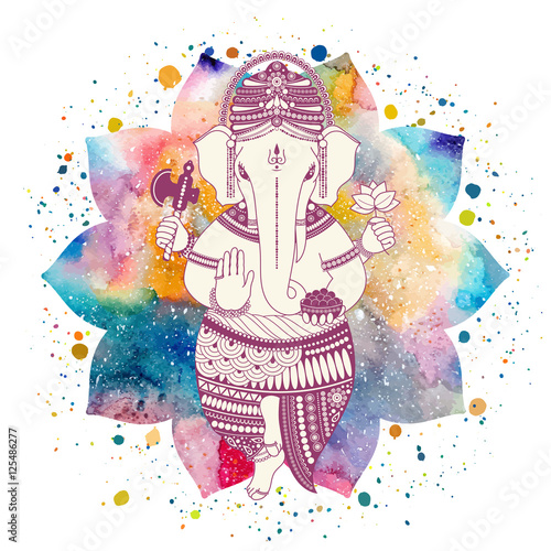 Ganesha, or Ganapati, Indian deity in the Hindu. On watercolor lotus flower with paint splash. Vector illustration for design of prints, web, festive, Chaturthi invitations.