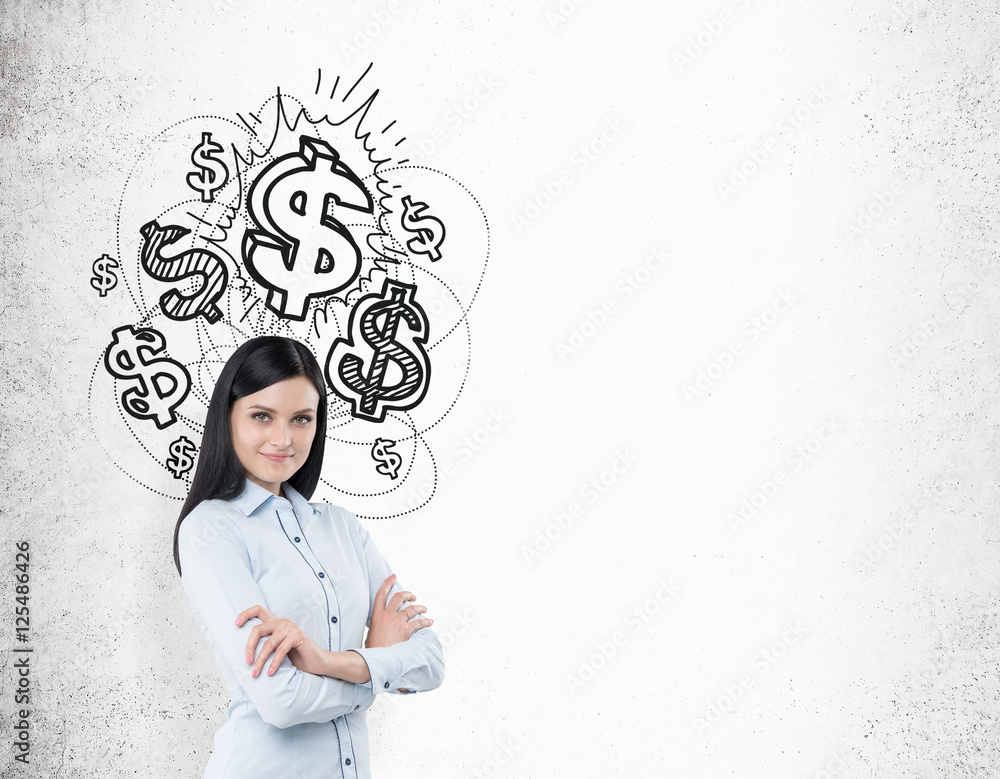 Girl with black hair and shiny dollar signs Girl with black hair and shiny dollar signs