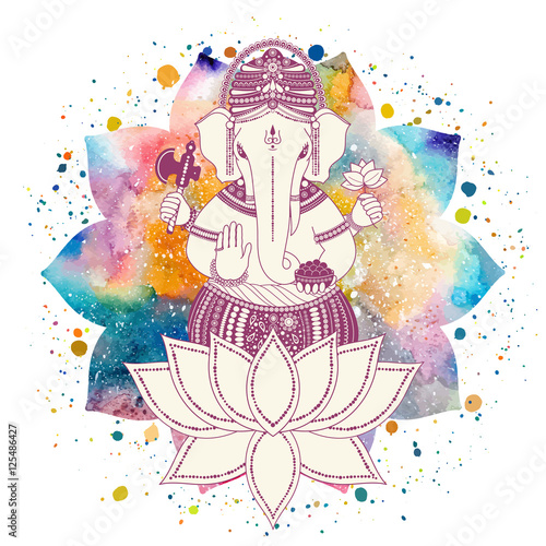Ganesha, or Ganapati, Indian deity in the Hindu in lotus flower with paint splash and watercolor mandala. Vector illustration for design of prints, web, festive, Chaturthi invitations.