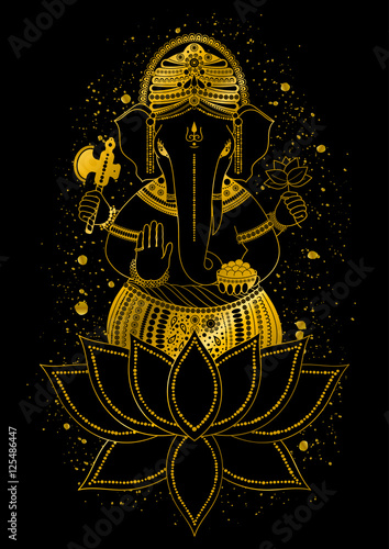 Golden Ganesha, or Ganapati, Indian god in the Hindu in lotus flower. Gold color splash. Vector hand drawn illustration for design of prints, web, festive, Chaturthi invitations.