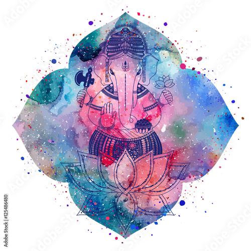 Ganesha, or Ganapati, Indian deity in the Hindu. Silhouette on a watercolor lotus flower with paint splash. Vector illustration for design of prints, web, festive, Chaturthi invitations.