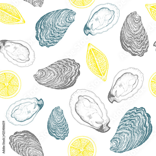 Oysters and lemons seamless vector pattern. Linear graphic. Vector illustration of oysters. Vintage design template.
