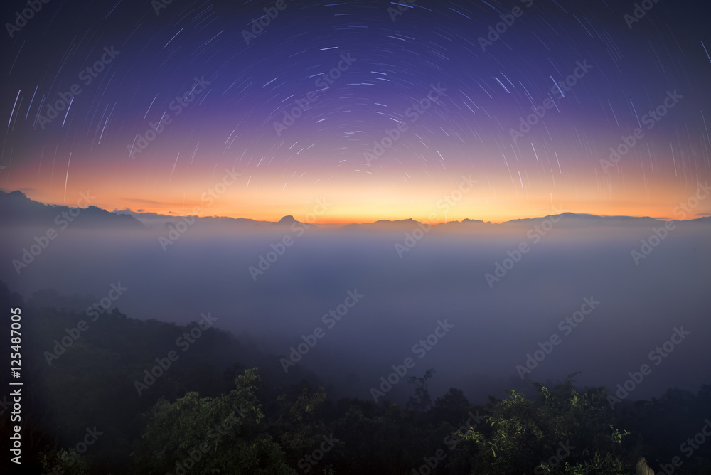 Fototapeta premium Fog Landscape, View from mountain scape with fog and star in the twilight on winter.