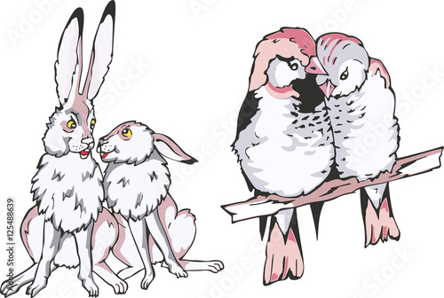 Cute hare and birdie couples in love