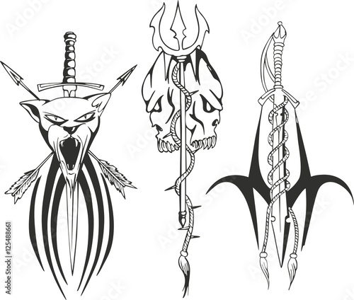 Tattoo sketches with dagger, sword and trident