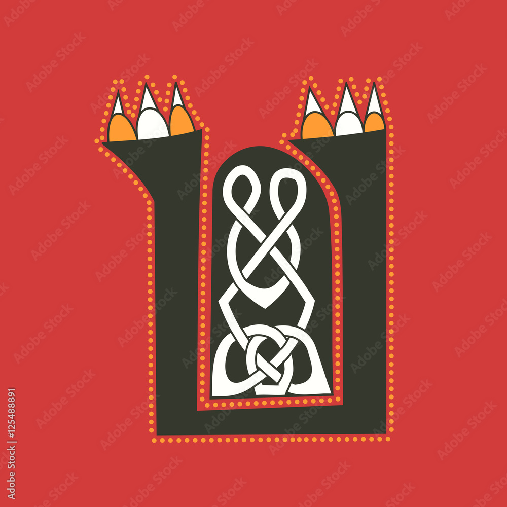 Ornamental celtic initial letter U with animal paws Ornamental celtic initial letter U with animal paws