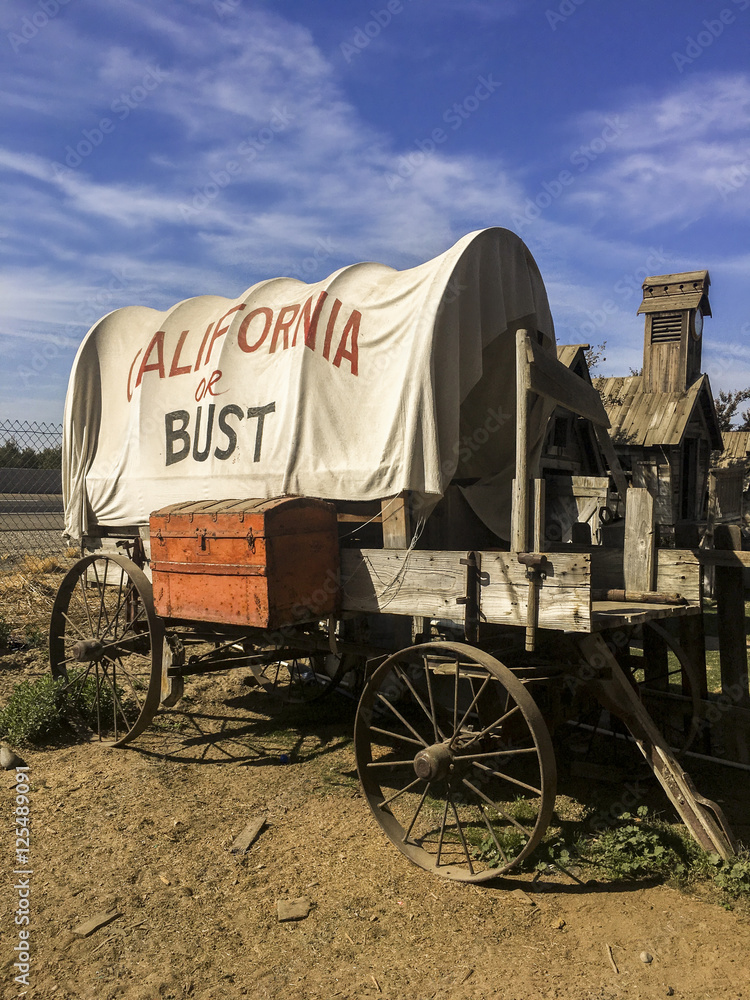Vintage covered wagon with a blue sky. California or Bust.
