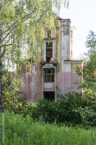 abandoned house castle building, abandoned overgrown with greenery. Old retro colorful.