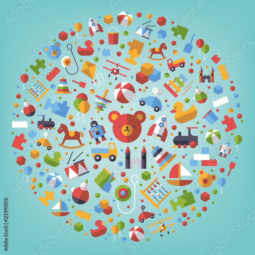 World of children's toys. Toddler baby and children flat design toys icons arranged in circle on turquoise background.