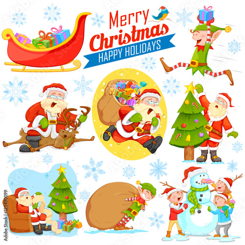 Merry Christmas Holiday design with Santa Calus  Elf and Snowman