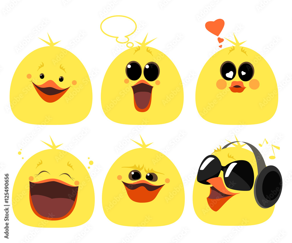 set of emotions chicken. Different characters, anger, laughter, love, music, surprise. Vector cartoon set of emotions chicken. Different characters, anger, laughter, love, music, surprise. Vector cartoon