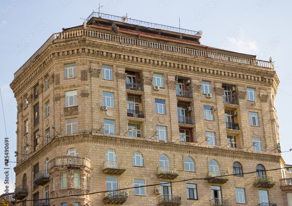Facade was built in the Soviet period. Kiev, Ukraine