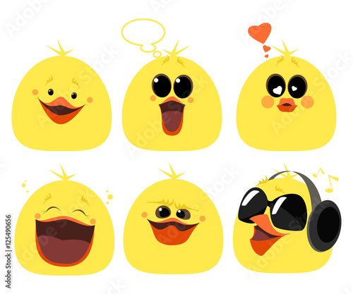 set of emotions chicken. Different characters, anger, laughter, love, music, surprise. Vector cartoon