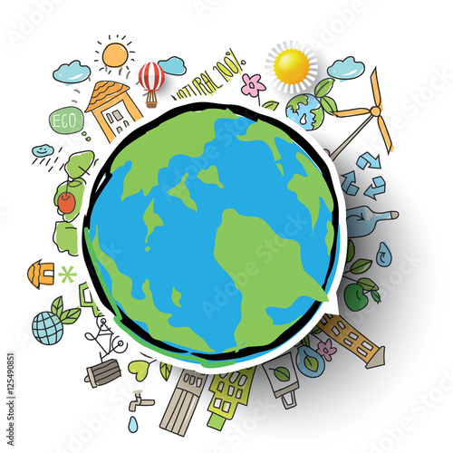 Ecology integrated thin line symbols. Modern color with hand drawn style vector concept, with the Globe