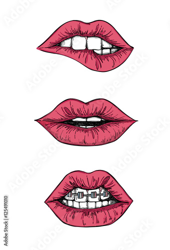 Hand drawn vector illustrations - Sweet lips. Mouth with teeth.
