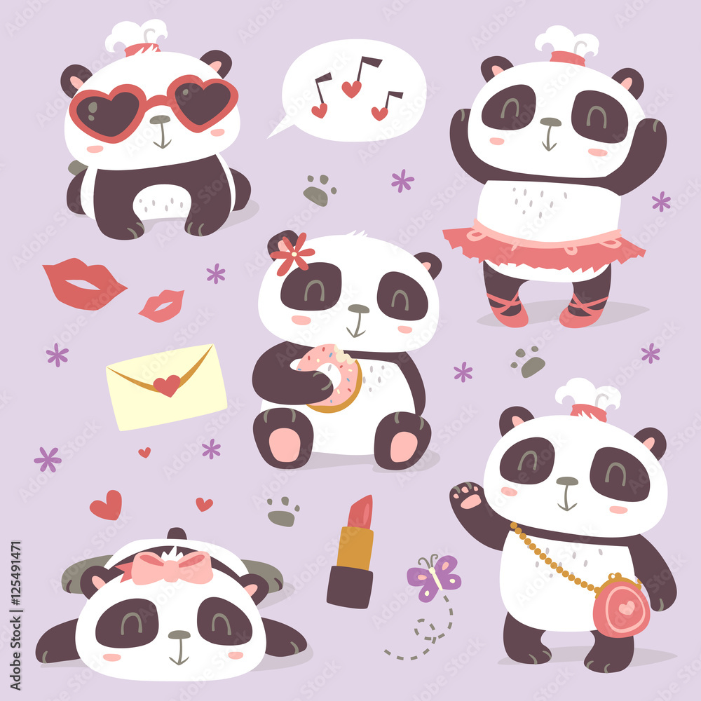 Naklejka premium vector cartoon style cute girl panda set