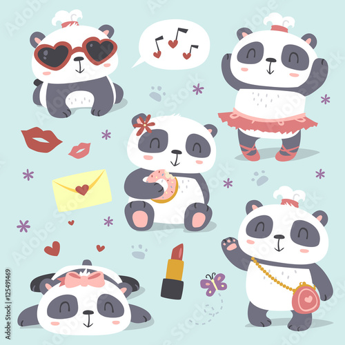 Fototapeta Naklejka Na Ścianę i Meble -  vector cartoon style cute girl panda set