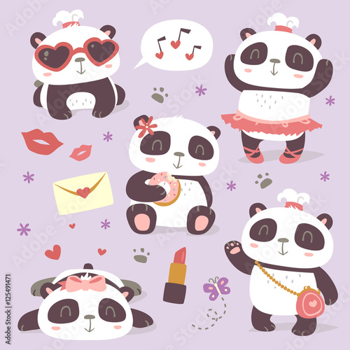 Fototapeta Naklejka Na Ścianę i Meble -  vector cartoon style cute girl panda set