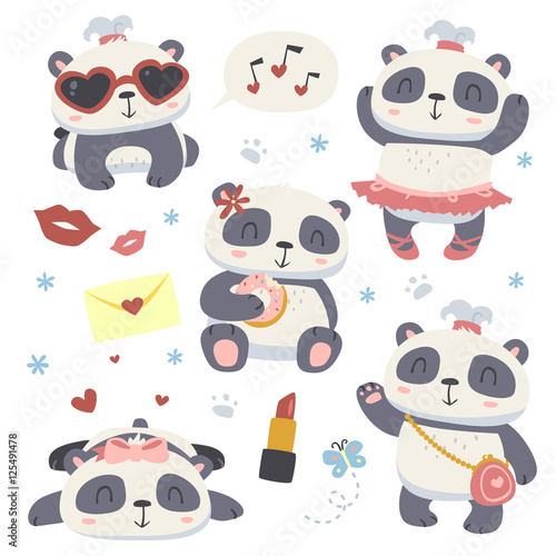 Fototapeta Naklejka Na Ścianę i Meble -  vector cartoon style cute girl panda set