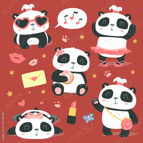 Fototapeta Naklejka Na Ścianę i Meble -  vector cartoon style cute girl panda set