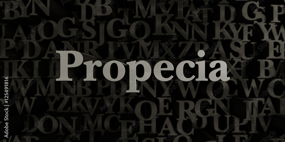 Propecia - Stock image of 3D rendered metallic typeset headline illustration.  Can be used for an online banner ad or a print postcard.