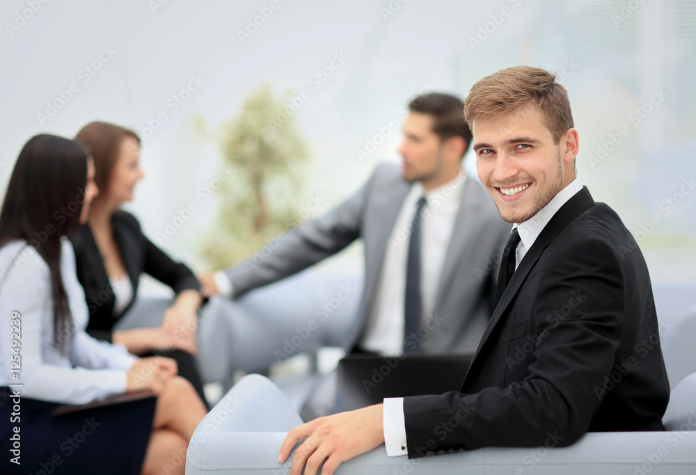 Group of business partners discussing ideas with their leader on Group of business partners discussing ideas with their leader on