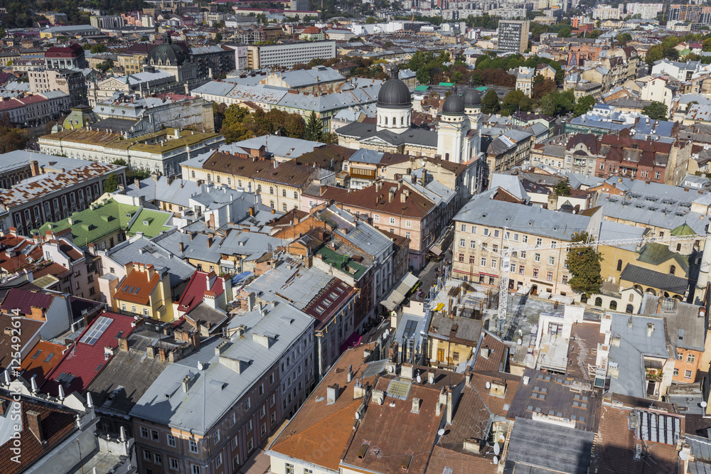 Obraz premium Lviv City from above. Central part of the old city of Lvov. Ukraine