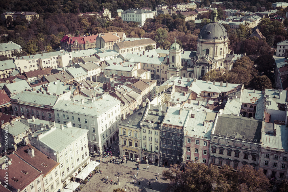 Lviv City from above. Central part of the old city of Lvov. Ukraine