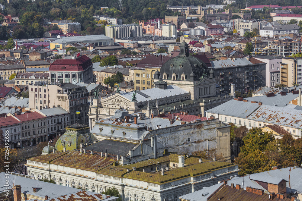 Lviv City from above. Central part of the old city of Lvov. Ukraine