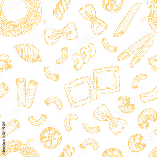 Hand drawn vector seamless pattern - Italian pasta. Different kinds of pasta