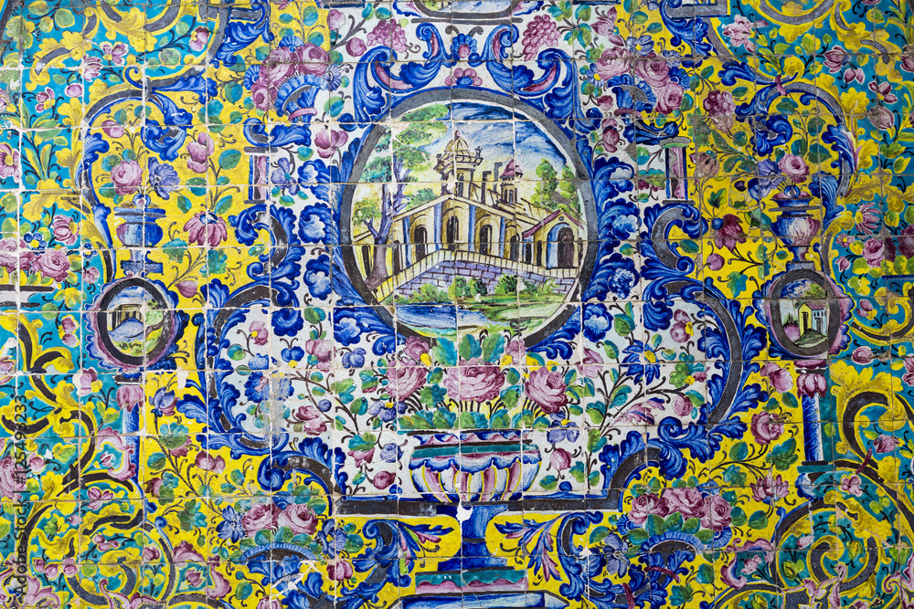 Exteriors of Golestan palace and old mosaic paintings in Teheran, Iran.
