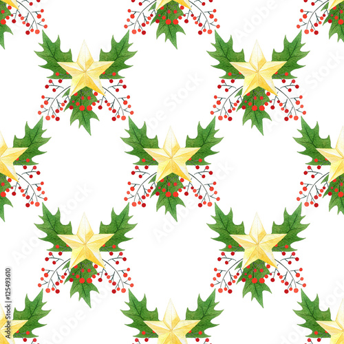 seamless watercolor Christmas pattern with holly berries leaves golden stars. for wrapping paper  card or textile design.