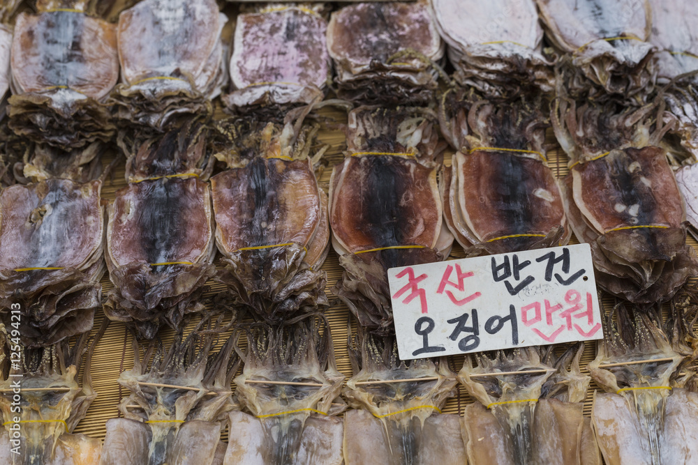 Dried squid in at market in Korea
