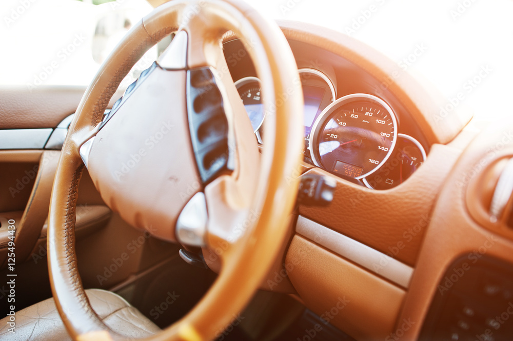 Steering wheel of luxury car foto de Stock Adobe Stock