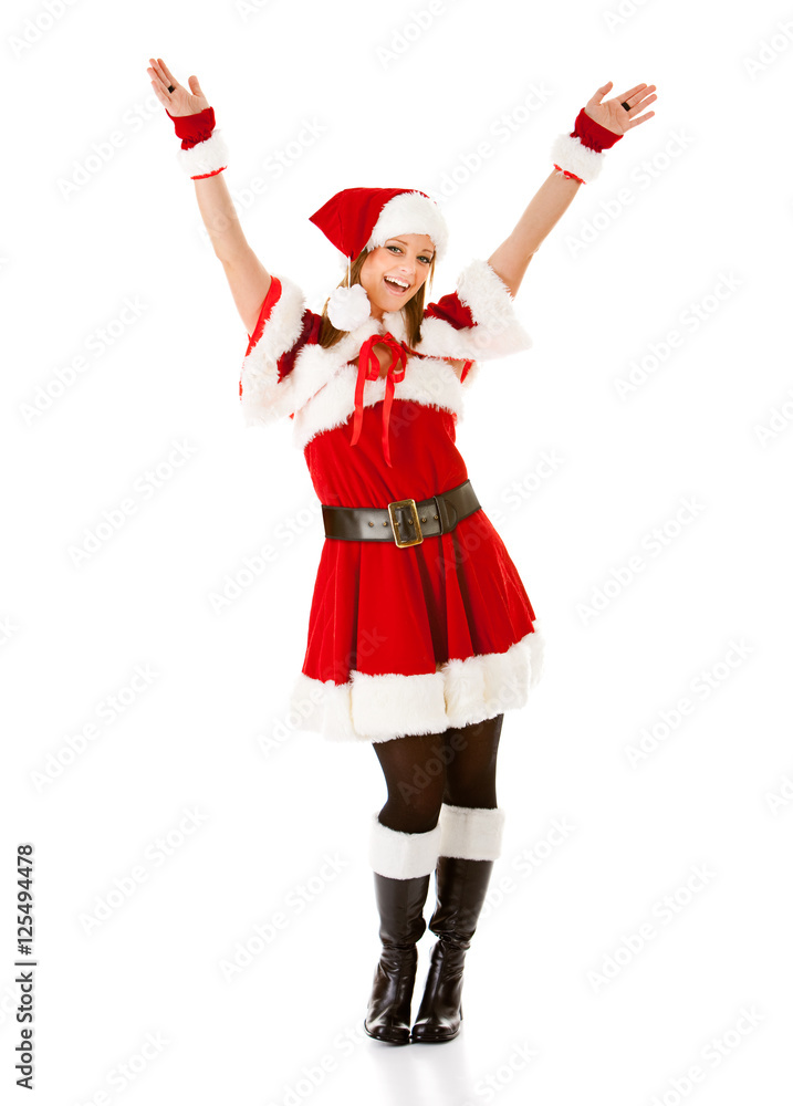 Christmas: Santa Girl Standing with Hands Raised