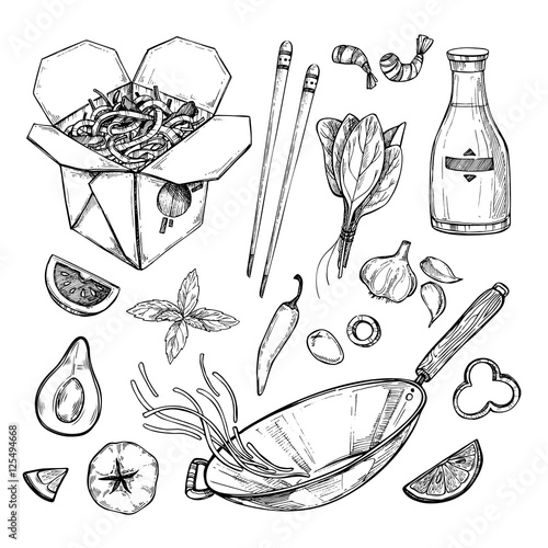 Hand drawn vector illustration - Wok. Wok box, wok pan, chinese