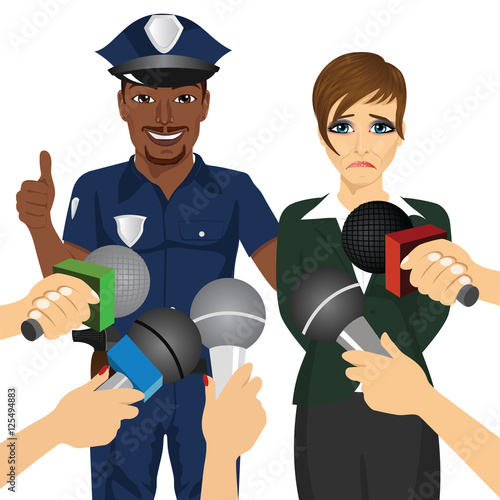 policeman arresting white collar corrupt businesswoman while journalist interviewing him